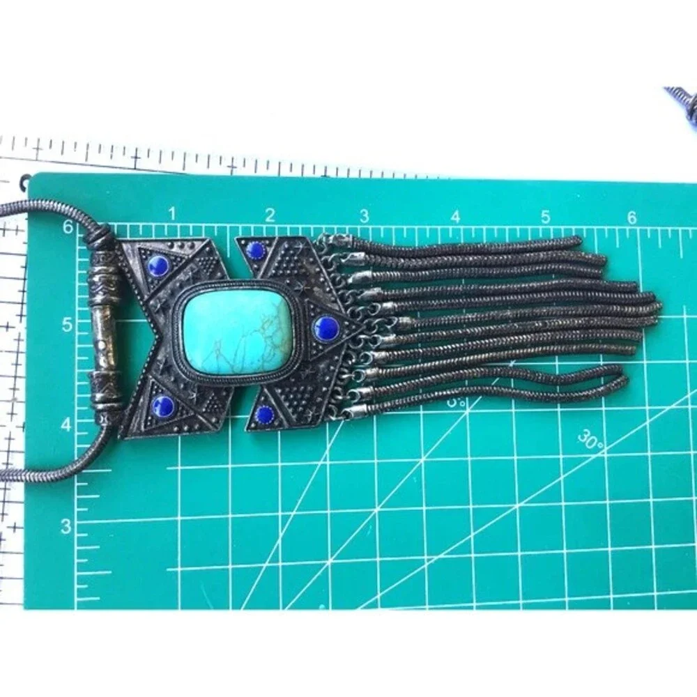Silver Tone Square Medallion With Faux Turquoise